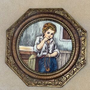 VINTAGE ARTINI 4D SCULPTURE PAINTING “BOY & SLINGSHOT” IN A OCTAGONAL GOLD FRAME